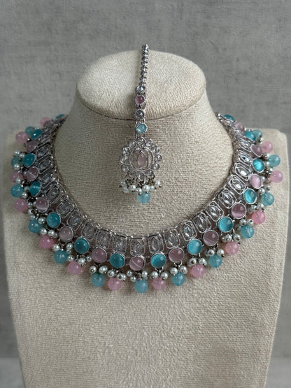 Ayura Designs Rayal Set – Silver Necklace, Jhumkis & Tikka with Aqua Blue, Blush Pink & Pearl Detailing