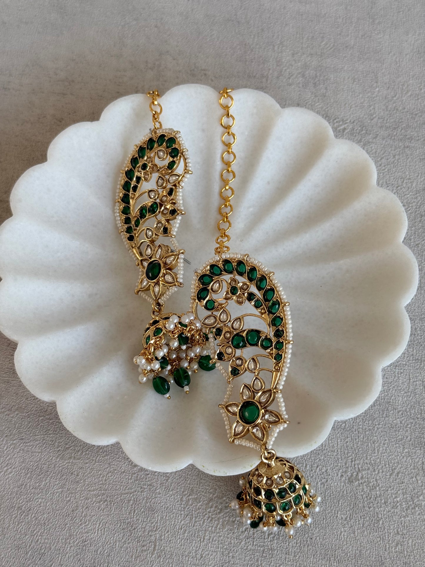 Ayura Designs Urisha Ear Climber Jhumkis – Emerald Green, Kundan & Pearl Detailing