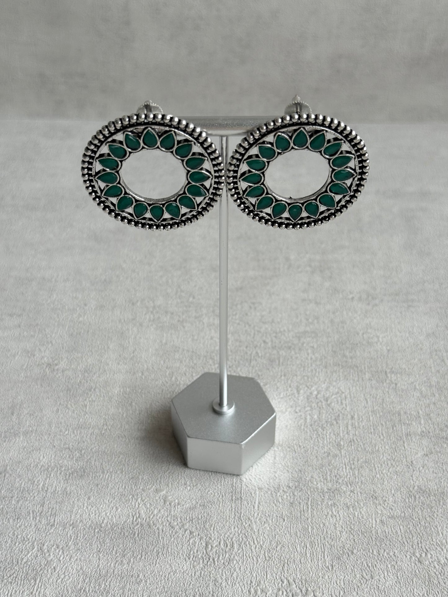 Ayura Designs Kesar Studs – Statement Oxidised Stud Earrings with Emerald Green Stones