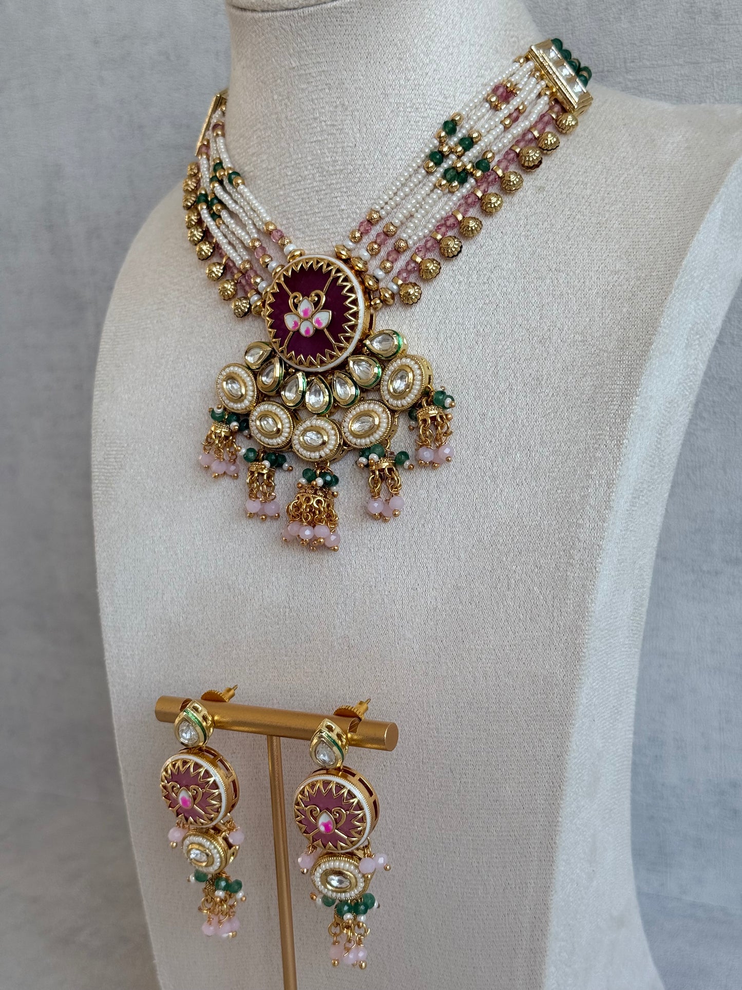 Ayura Designs Hasika Necklace Set with Earrings – Rose Pink, Emerald Green, Kundan & Pearl Detailing