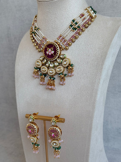 Ayura Designs Hasika Necklace Set with Earrings – Rose Pink, Emerald Green, Kundan & Pearl Detailing