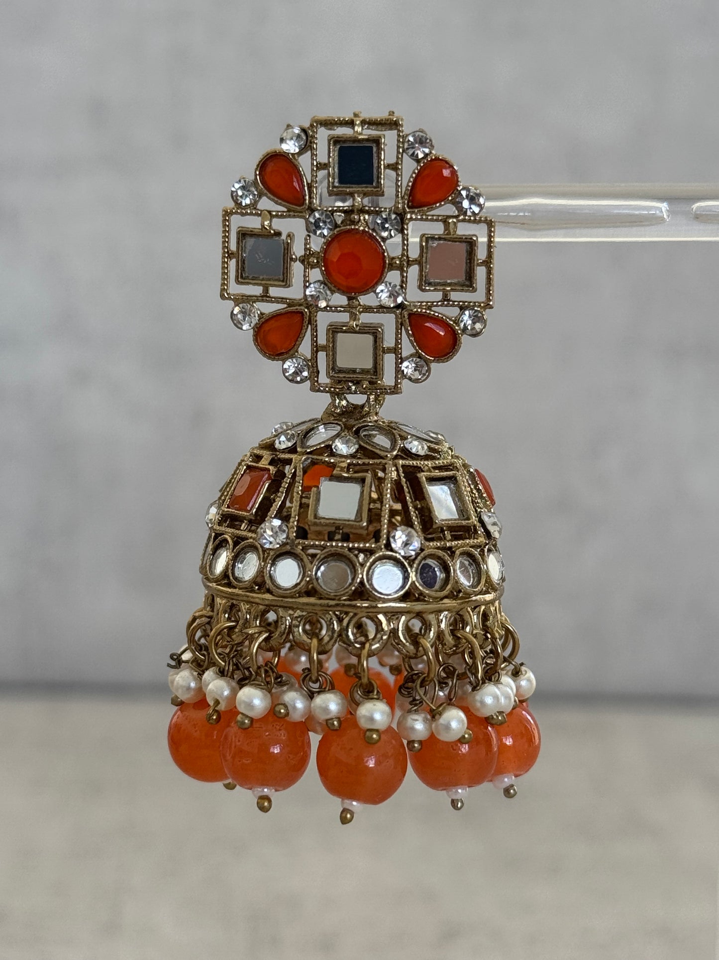 Ayura Designs Heer Tikka Set with Jhumkis – Carnelian Orange, Mirror & Polki Stonework