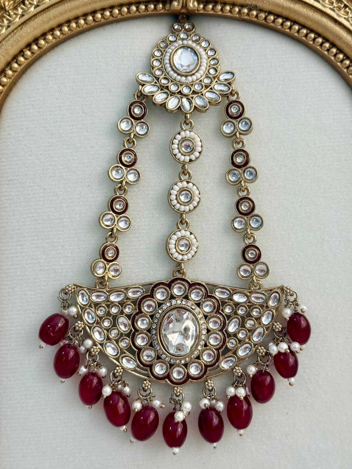 Ayura Designs Uma Jhoomar Passa – Ruby Red Drops with Kundan Stones & Antique Gold Finish