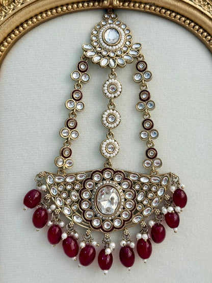 Ayura Designs Uma Jhoomar Passa – Ruby Red Drops with Kundan Stones & Antique Gold Finish