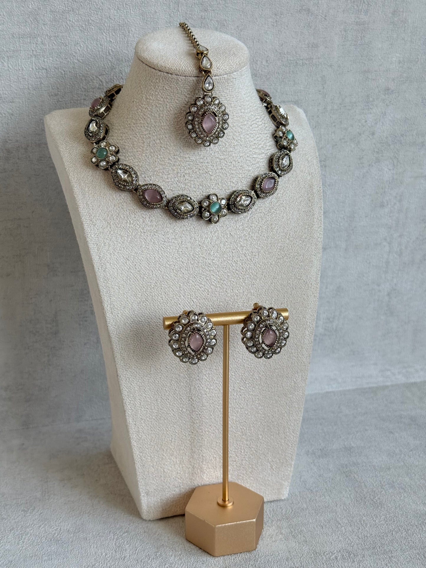 Ayura Designs Ivy Necklace Set with Studs & Tikka – Blush Pink & Mint Green Kundan Detailing