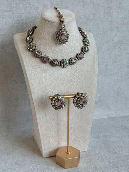 Ayura Designs Ivy Necklace Set with Studs & Tikka – Blush Pink & Mint Green Kundan Detailing