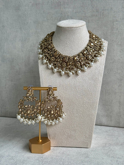 Ayura Designs Layla Set – Luxurious Champagne Gold Ensemble with Pearls | Featuring Chandelier Earrings & Tikka