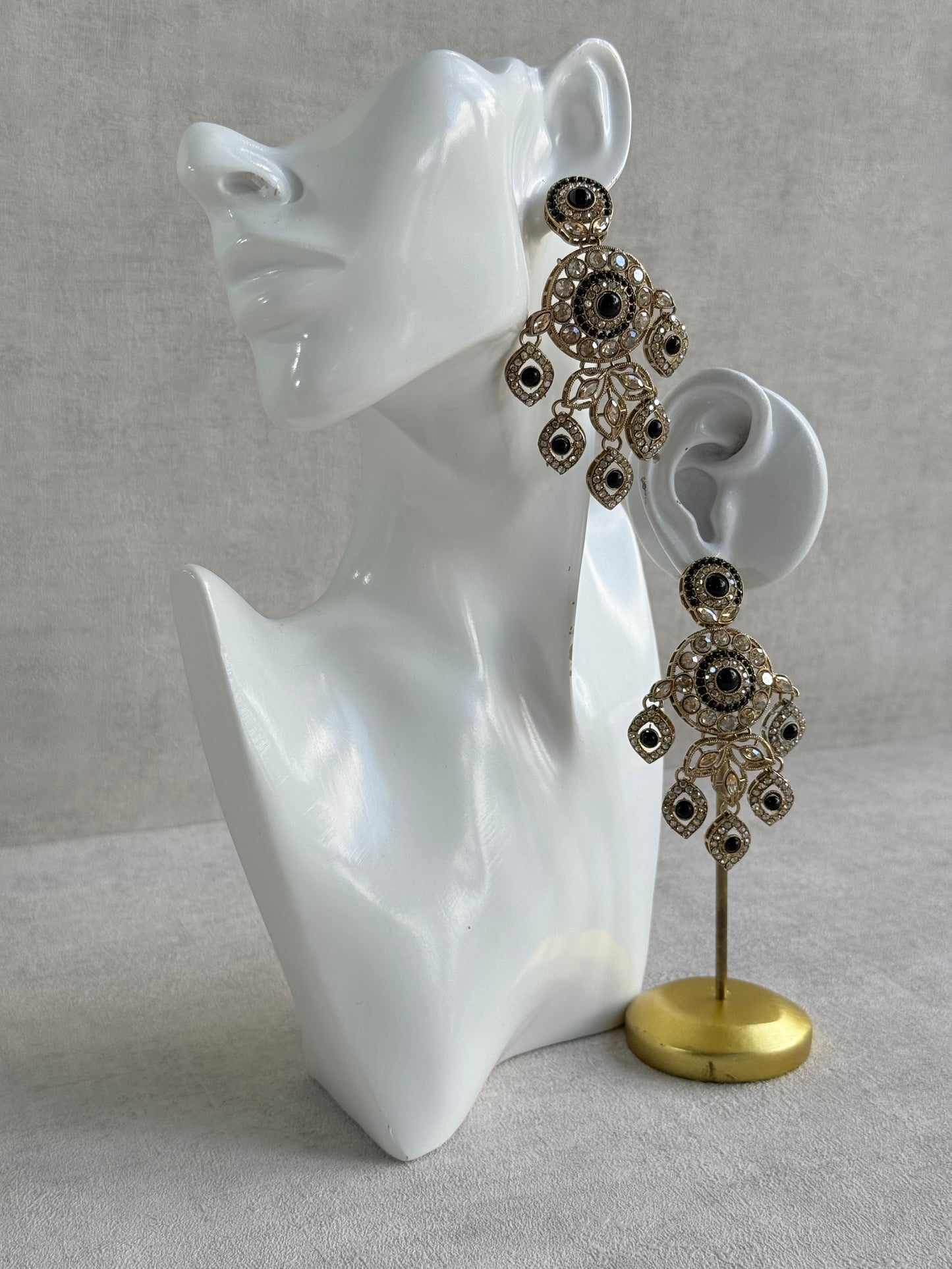 Ayura Designs Vanika Earrings – Black & Champagne Crystal Gold Finish