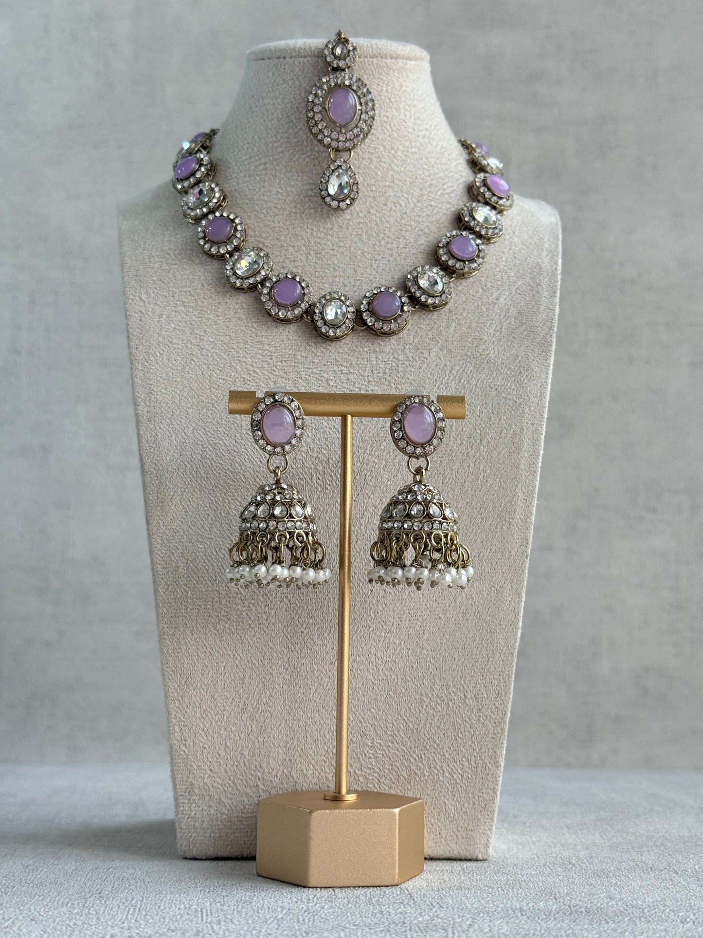 Ayura Designs Eira Necklace Set with Earrings & Tikka – Lilac & Crystal Stones with Antique Gold Finish