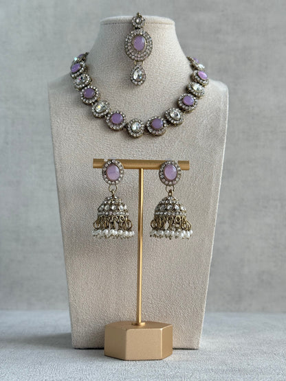 Ayura Designs Eira Necklace Set with Earrings & Tikka – Lilac & Crystal Stones with Antique Gold Finish