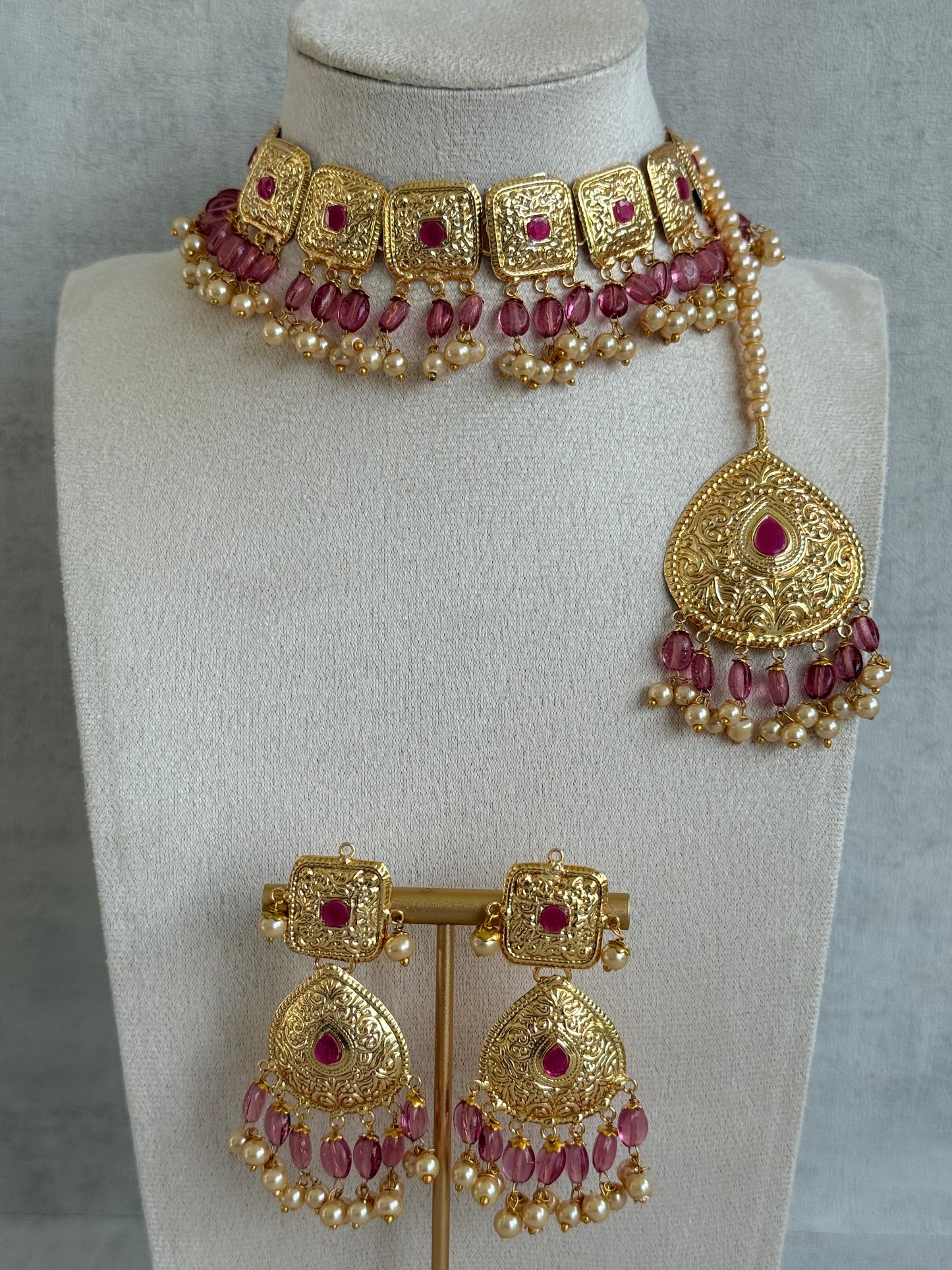 Ayura Designs Chetna Choker Set with Earrings & Tikka – Rani Pink Beads, Cream Pearl Drops with Pipal Patti Detailing