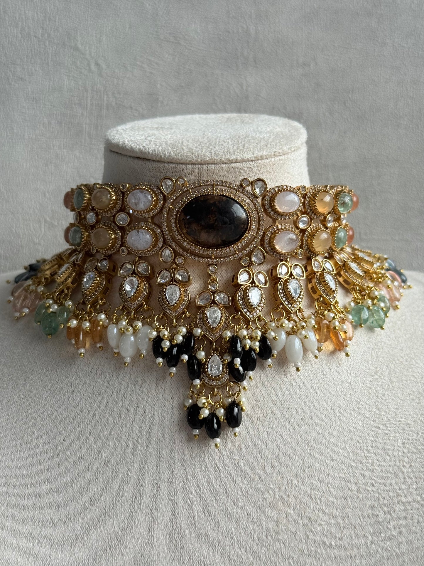 Ayura Designs Poppy Choker Set with Statement Earrings – Smoky Stone Centre with Pastel Beads, Pearls and Black Drops