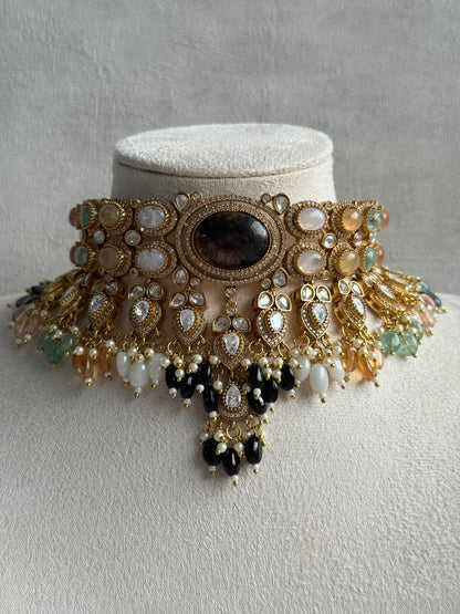 Ayura Designs Poppy Choker Set with Statement Earrings – Smoky Stone Centre with Pastel Beads, Pearls and Black Drops