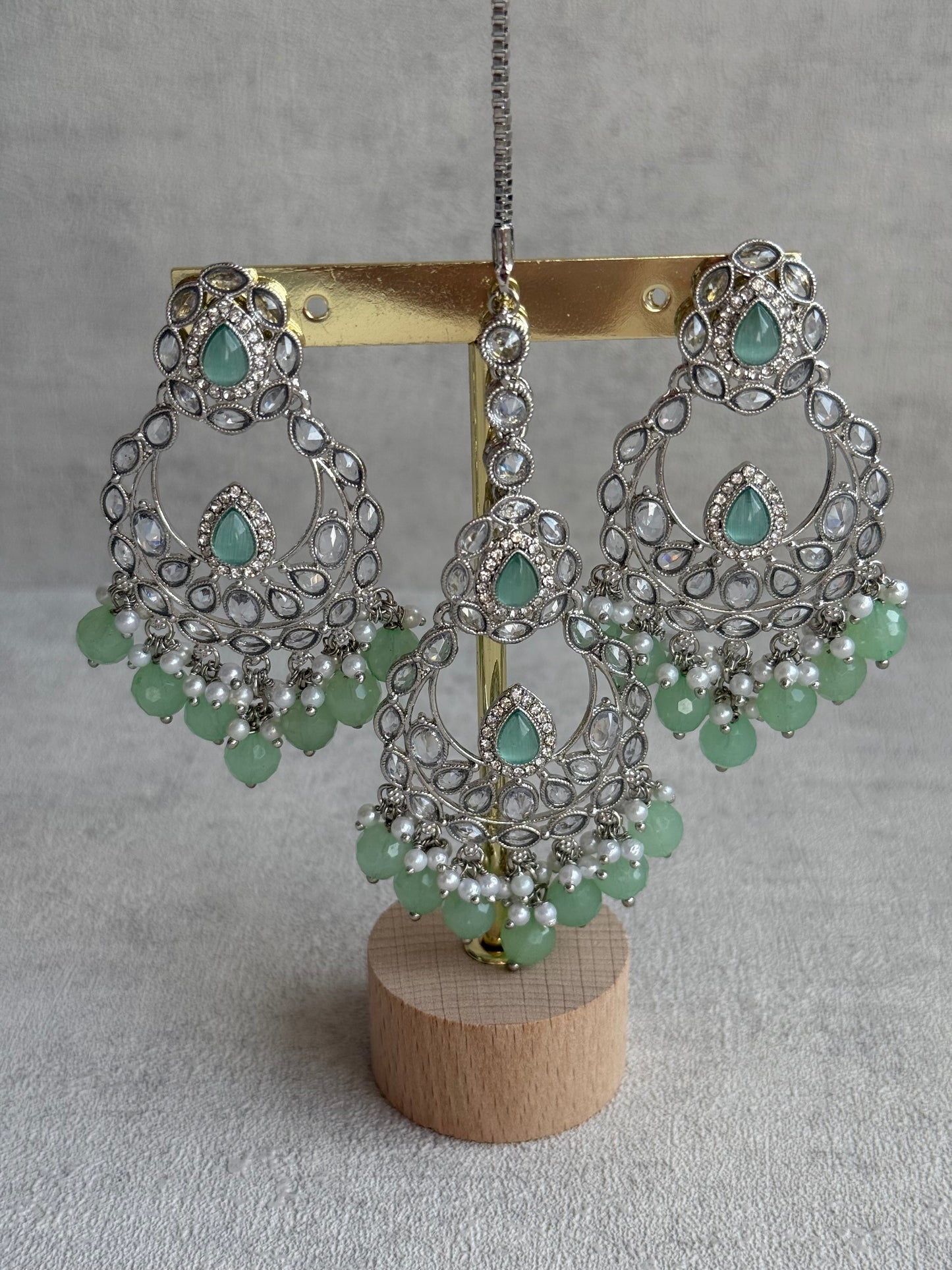 Ayura Designs Eknoor Set – Necklace, Tikka & Earrings with Pistachio Green Beads, Pearls and Silver Finish