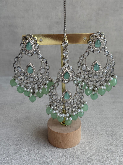 Ayura Designs Eknoor Set – Necklace, Tikka & Earrings with Pistachio Green Beads, Pearls and Silver Finish