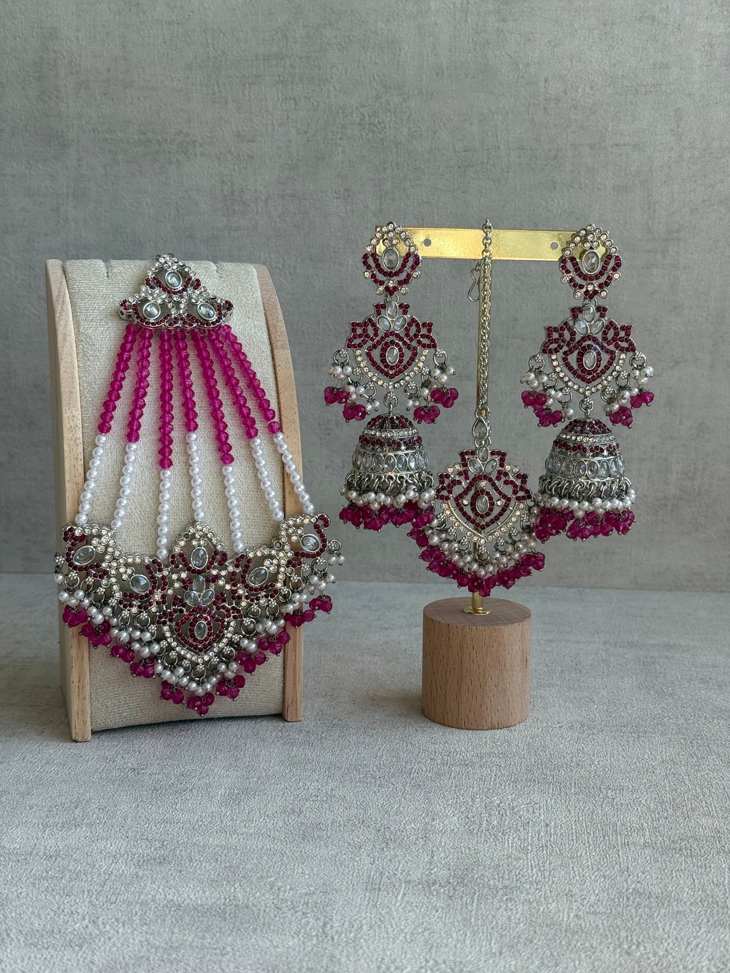Ayura Designs Wania Set with Jhumkis, Tikka & Passa – Fuchsia Beads, Mirror-Cut Stones & Antique Silver Finish
