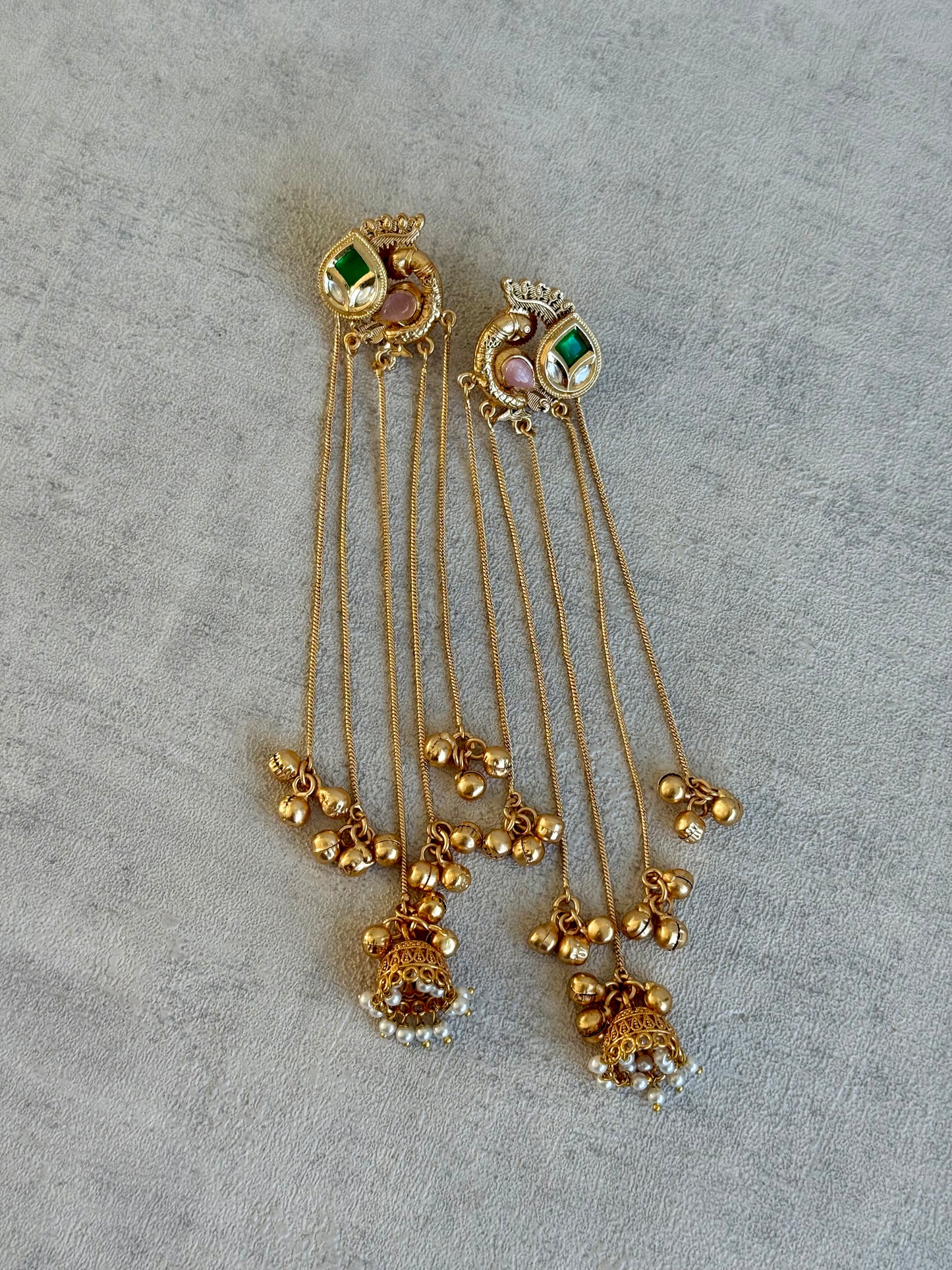 Ayura Designs Morira Earrings – Antique Gold Jhumki Earrings with Kundan Stones, Chains & Ghungroo Detailing