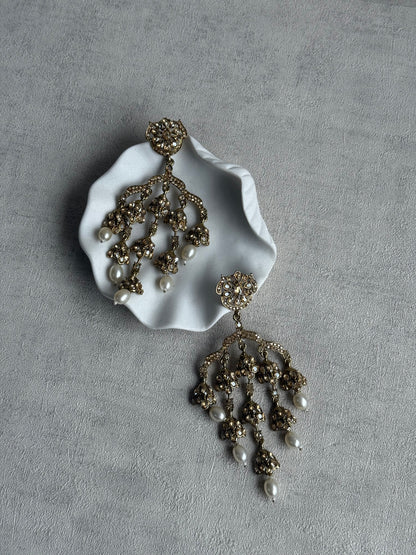 Ayura Designs Jasmine Earrings – Chandelier Earrings with Ivory Pearl Drops & Antique Gold Detailing