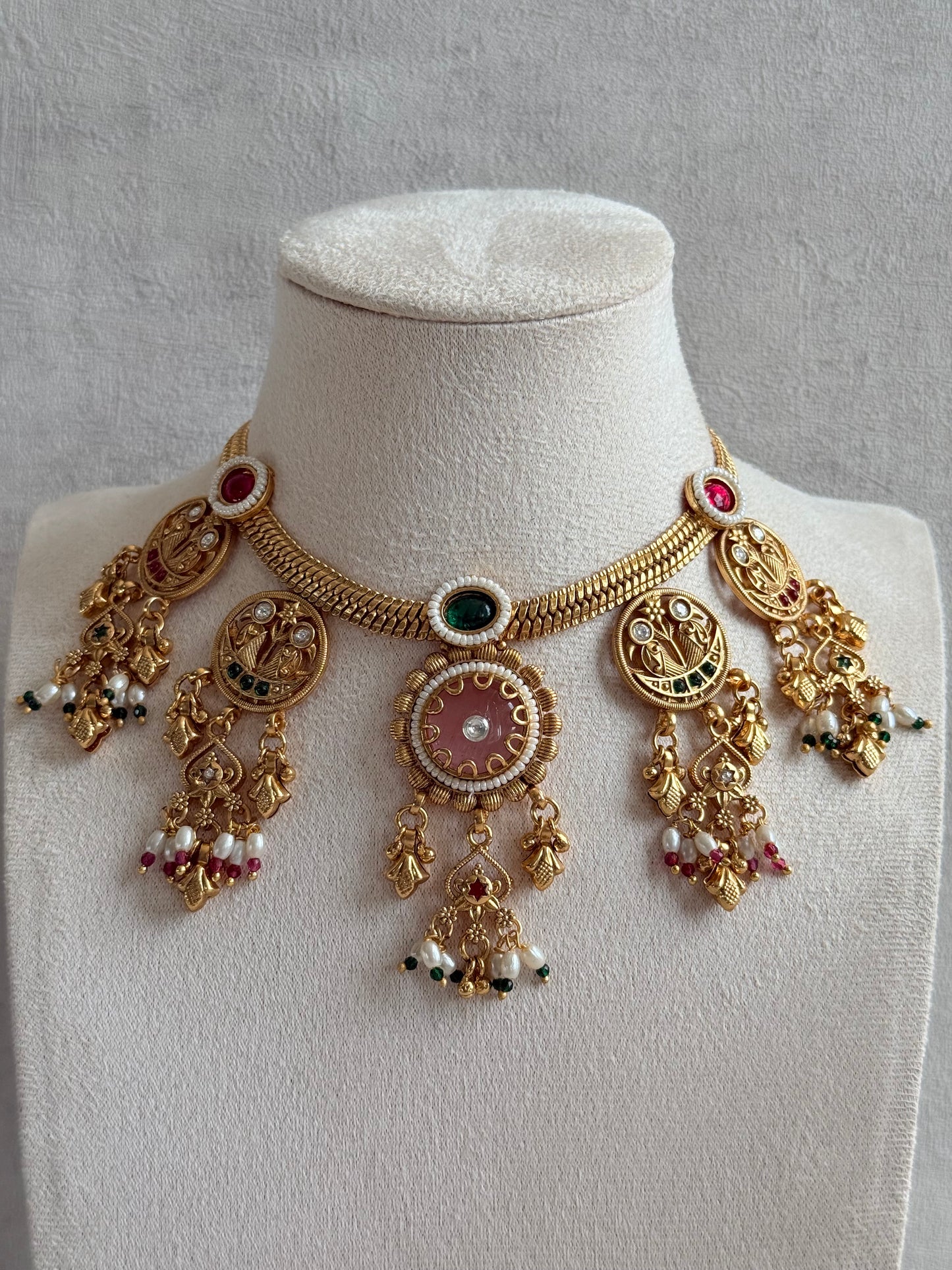 Ayura Designs Parchhai Necklace Set with Earrings – Rose Pink, Ruby Red & Emerald Green Stones, Bird Motifs & Pearl Detailing