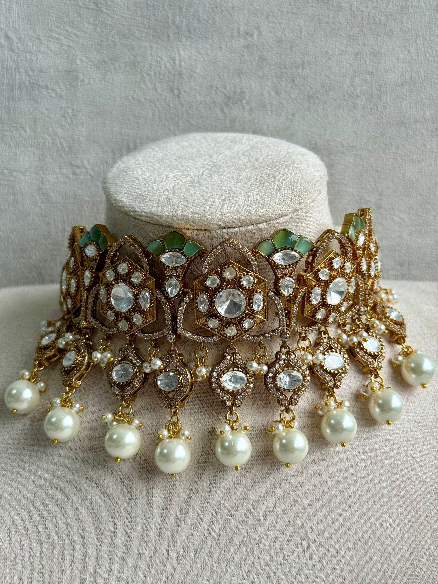Ayura Designs Serina Choker Set with Earrings – Mint & Pistachio Enamel, Mirror-Cut Stones & Pearl Drops