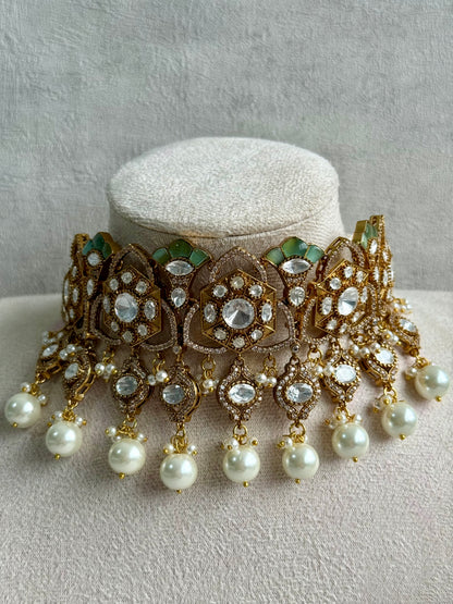 Ayura Designs Serina Choker Set with Earrings – Mint & Pistachio Enamel, Mirror-Cut Stones & Pearl Drops