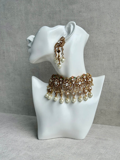 Ayura Designs Serina Choker Set with Earrings – Peach & Pistachio Enamel, Mirror-Cut Stones & Pearl Drops