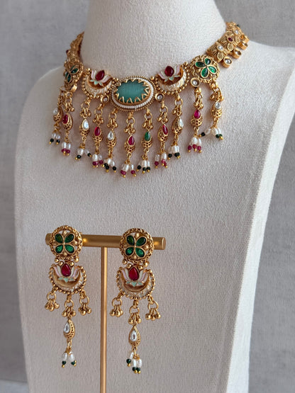 Ayura Designs Aavya Necklace Set – Aqua Green & Rani Pink Kundan Meenakari Design