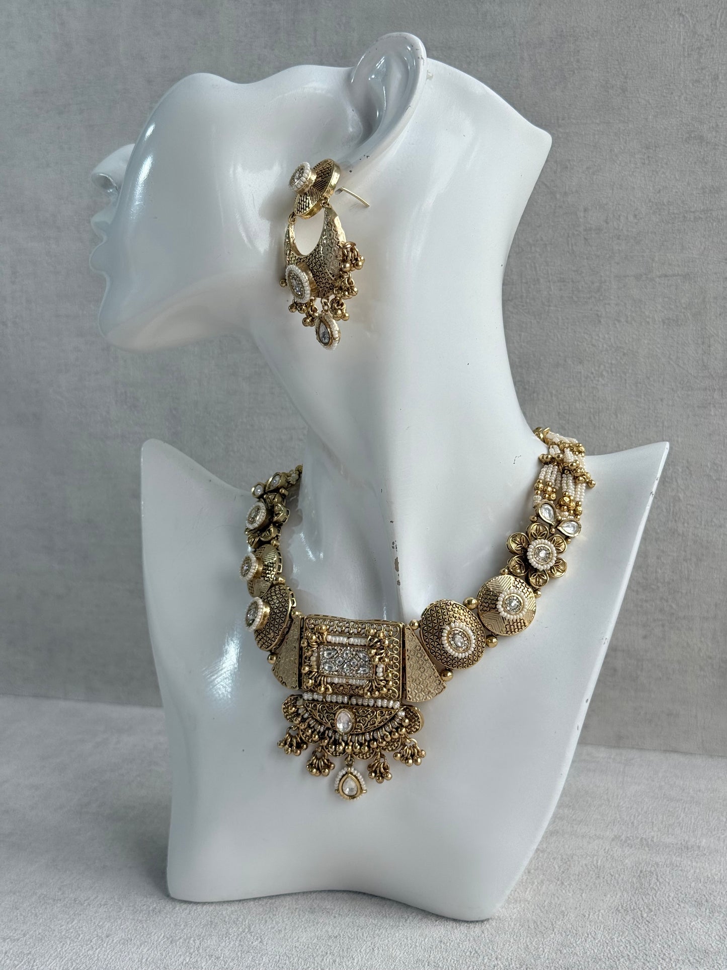 Ayura Designs Purvi Set – Necklace & Earrings with Antique Gold Filigree, Ivory & Pearl Detailing