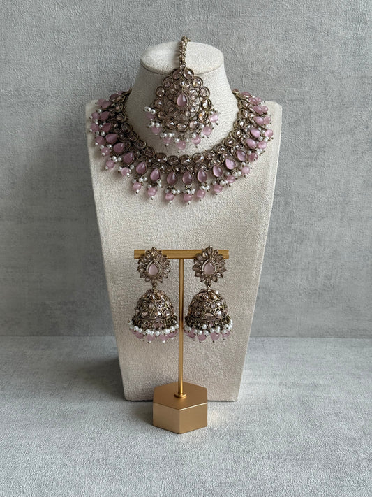 Ayura Designs Emaan Set – Necklace, Jhumkis & Tikka with Blush Pink Stones, Ivory Pearls & Champagne Gold Finish