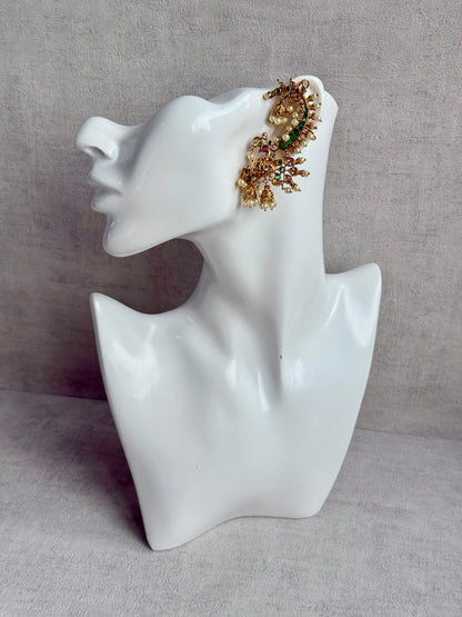 Ayura Designs Megha Half Ear Cuffs – Gold Peacock Motif with Crystal Stones, Emerald & Pink Accents and Pearl Jhumka Drops