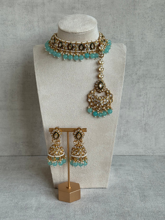Ayura Designs Khwaab Set with Jhumkis & Tikka – Mirror-Cut Stones with Aqua Blue Bead Detailing