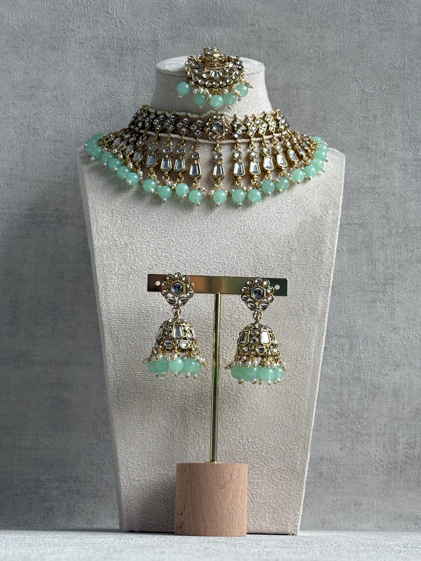 Ayura Designs Shaheen Set with Jhumkis & Tikka – Pistachio Green Beads, Mirror Kundan & Gold Finish