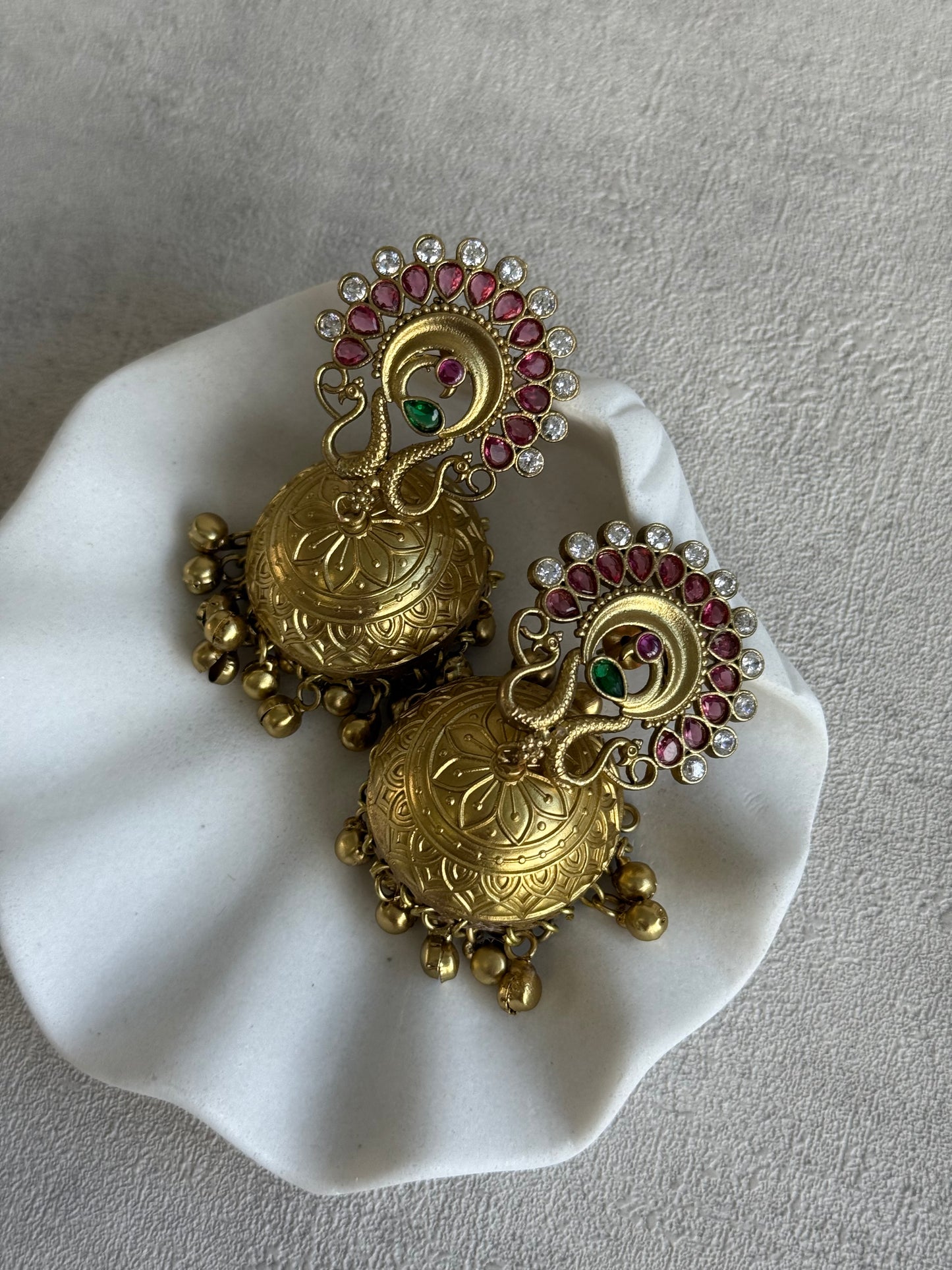 Ayura Designs Moraya Jhumkis – Berry Pink Peacock Motif with Antique Gold Detailing