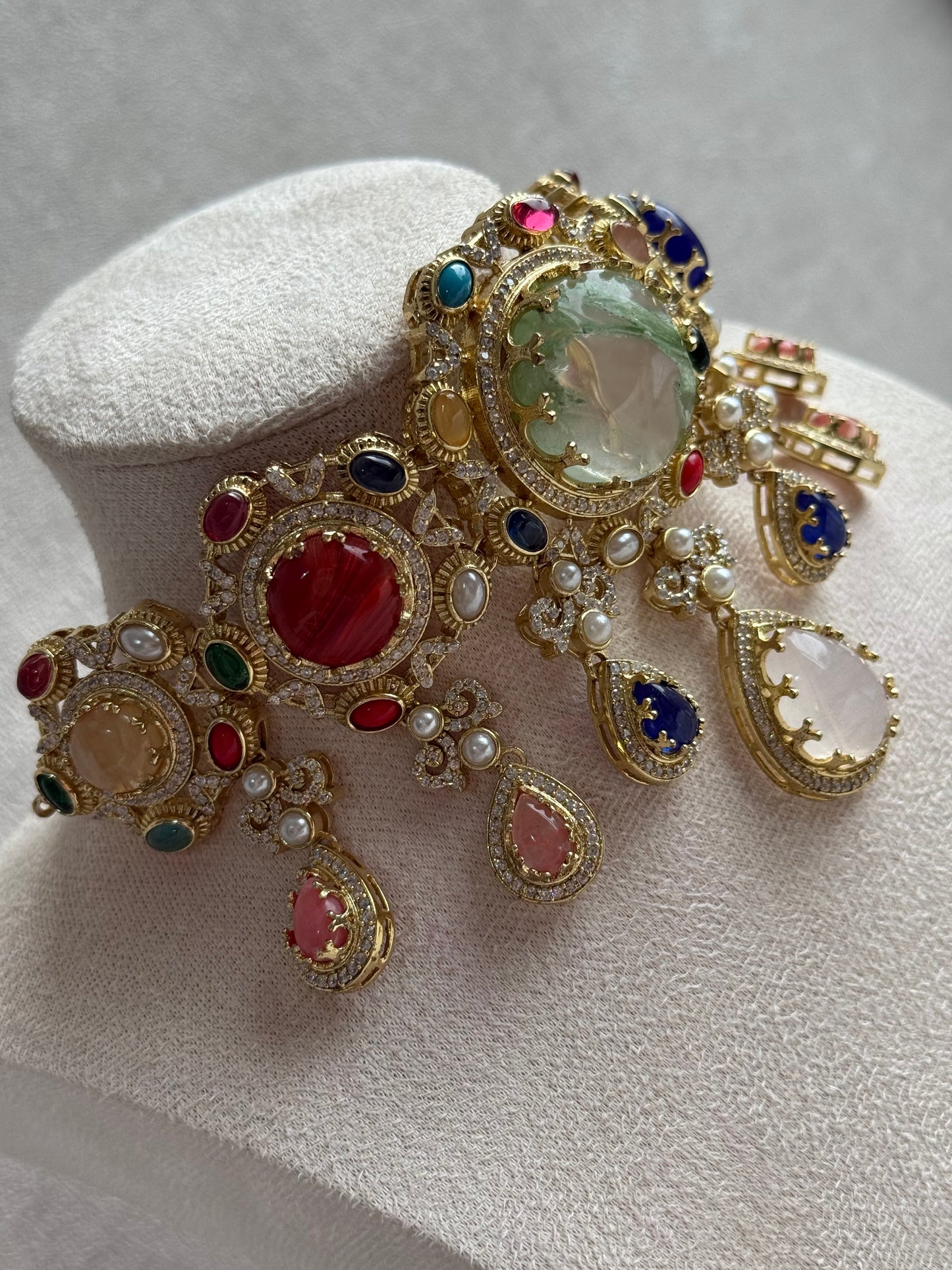 Ayura Designs Willow Choker Set – Statement Multicolour Stone Choker with Pearls & Antique Gold Detailing