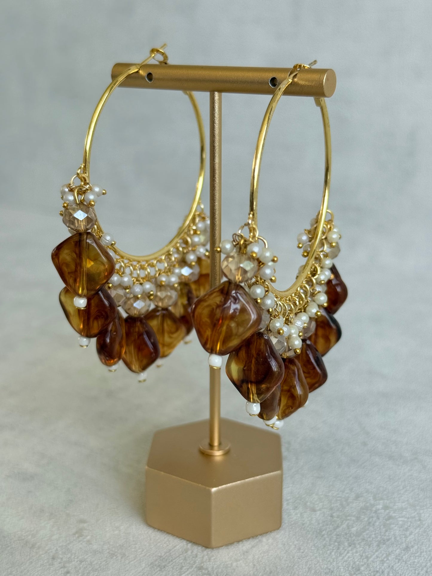 Ayura Designs Heer Balis – Gold Hoops with Smokey Amber Marble Beads, Pearls & Crystal Detailing