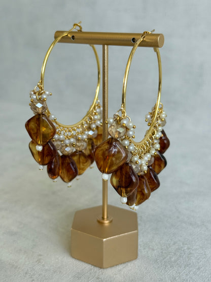 Ayura Designs Heer Balis – Gold Hoops with Smokey Amber Marble Beads, Pearls & Crystal Detailing