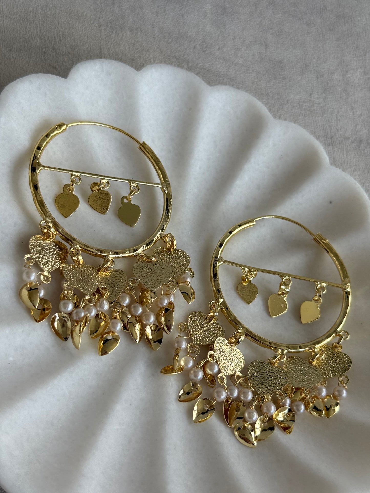 Ayura Designs Dilkash Balis – Gold Pipal Patti Heart Charm Hoop Earrings