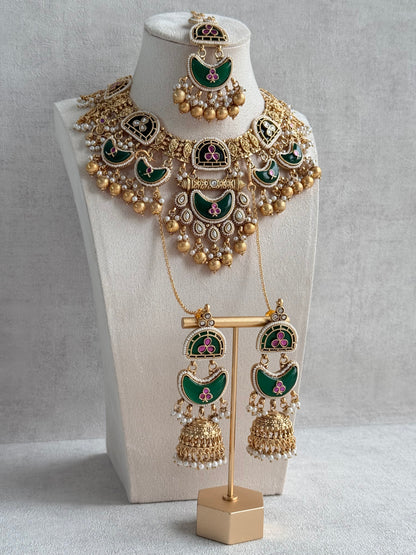 Ayura Designs Tafiza Necklace Set with Sahare Jhumki Earrings & Tikka – Emerald Green, Rani Pink, Kundan, Pearls & Antique Gold Finish