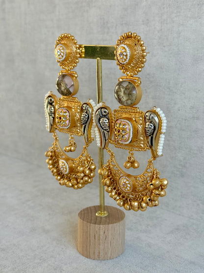 Ayura Designs Soha Earrings – Antique Gold with Smoky Grey Stone & Oxidised Parrots