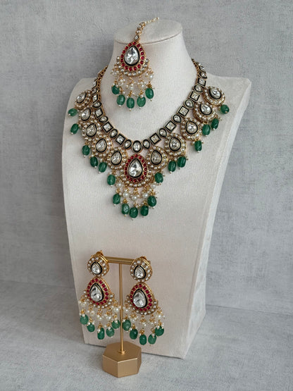 Ayura Designs Eesha Set with Necklace, Earrings & Tikka – Multicolour Stones with Kundan Detailing, Emerald Green Beads & Pearl Drops