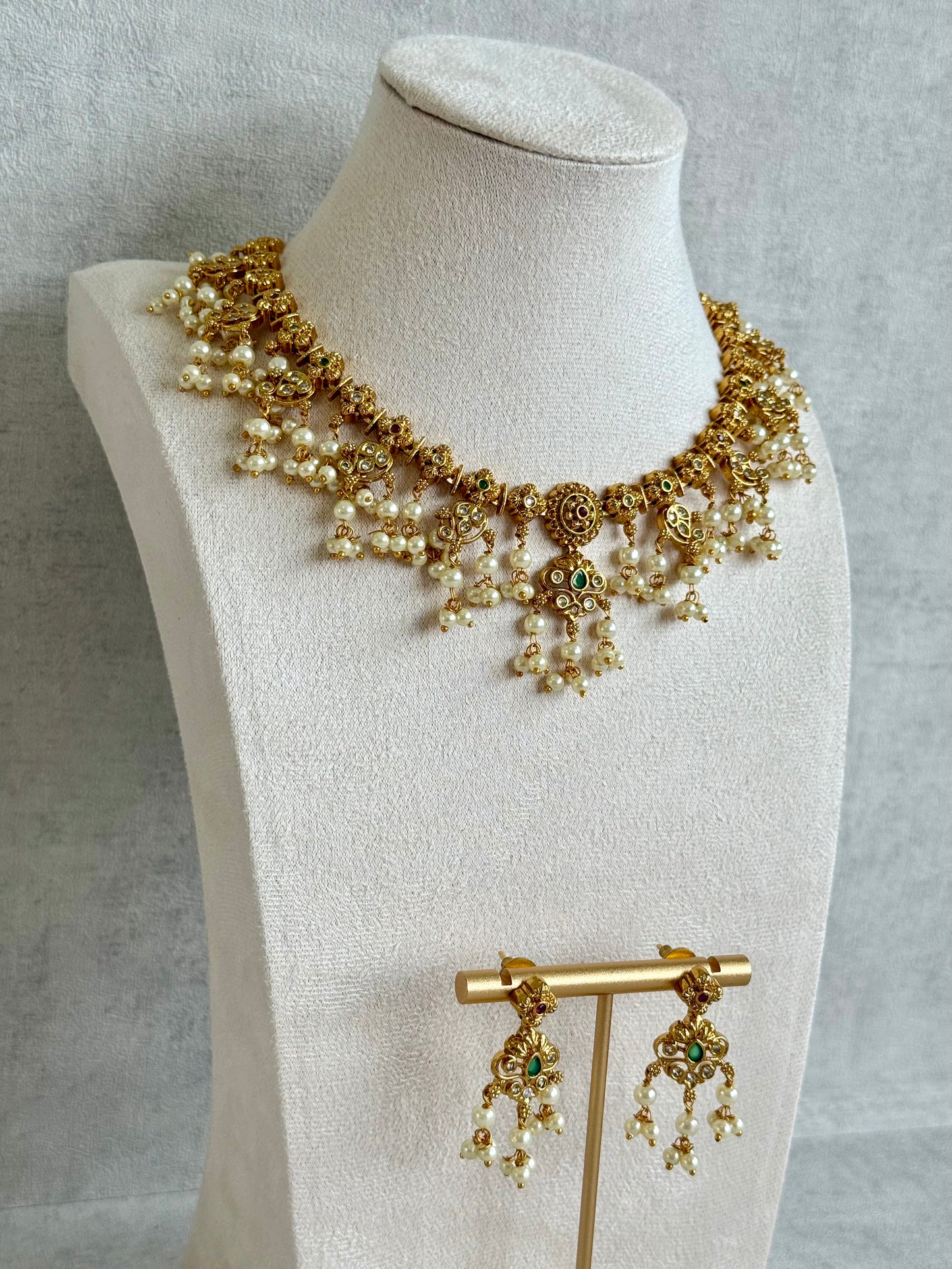Ayura Designs Ilaa Set – Necklace & Earrings with Pink & Green Stone Accents, Pearl Drops & Antique Gold Finish
