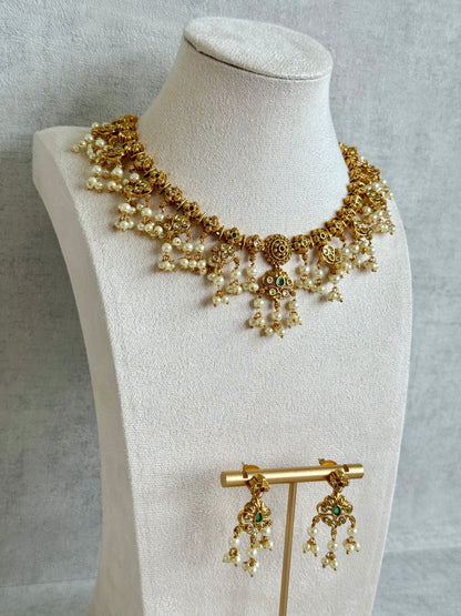Ayura Designs Ilaa Set – Necklace & Earrings with Pink & Green Stone Accents, Pearl Drops & Antique Gold Finish
