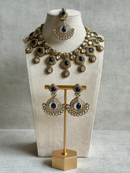 Ayura Designs Sahira Set – Necklace, Earrings & Tikka with Sapphire Blue Stones, Mirror-Cut Detailing & Antique Gold Finish