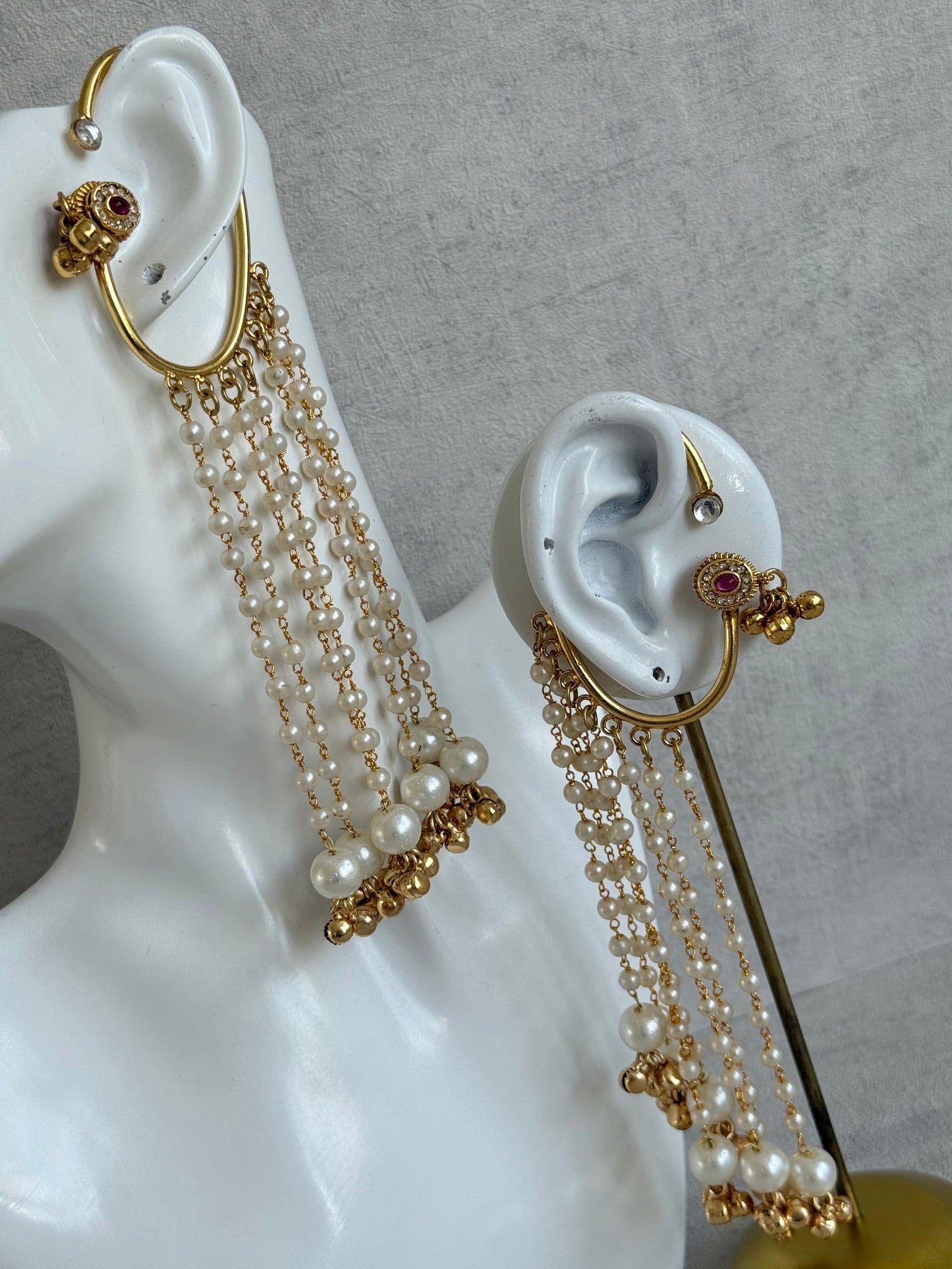Ayura Designs Nargiza Ear Cuffs – Pearl Tassel Ear Cuffs with Ghungroo Detailing & Ruby Stone Accents