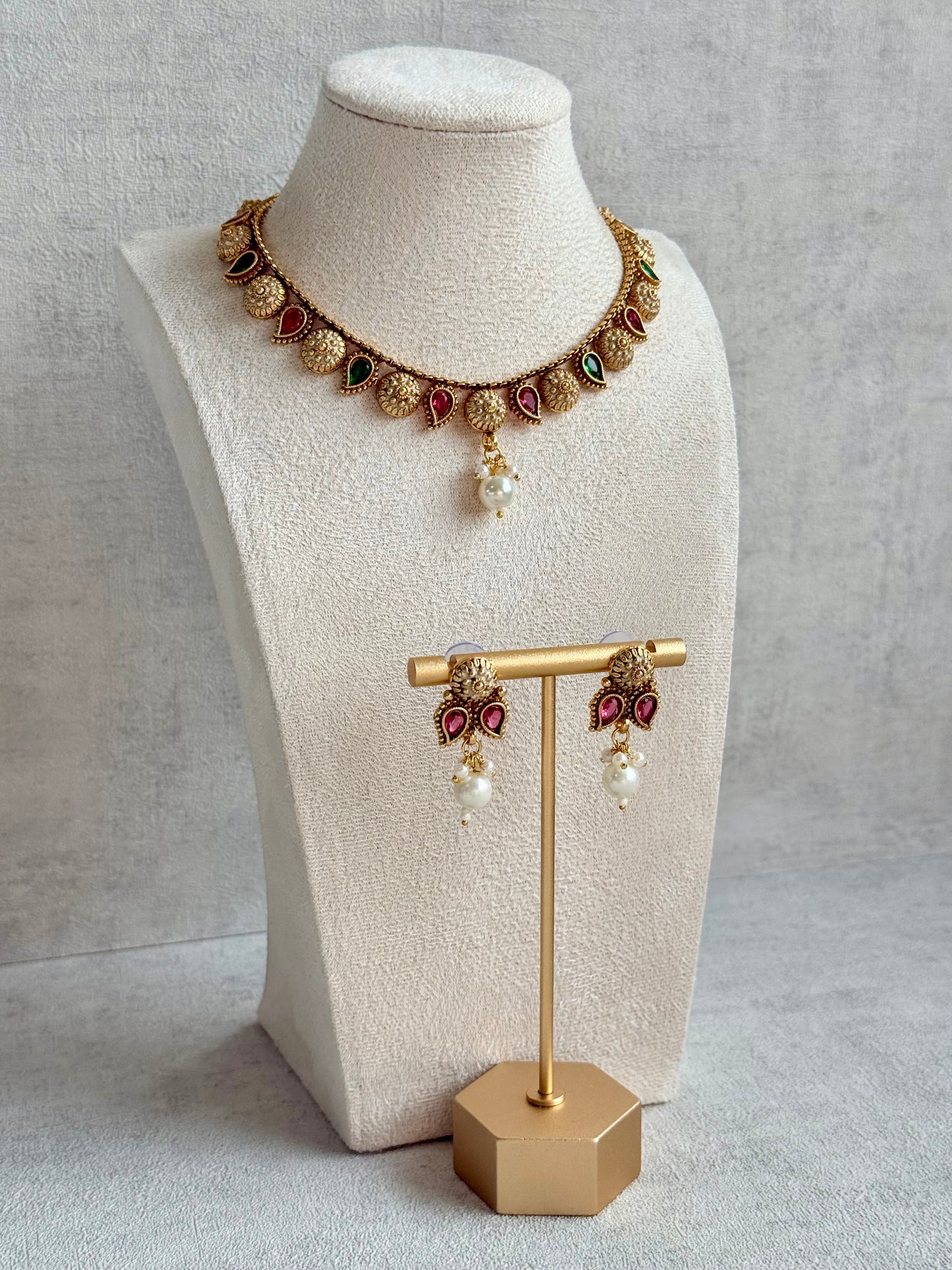 Ayura Designs Mayura Necklace Set with Earrings – Antique Gold Meenakari Motifs with Pearl Drop & Rani Pink and Emerald Green Stones