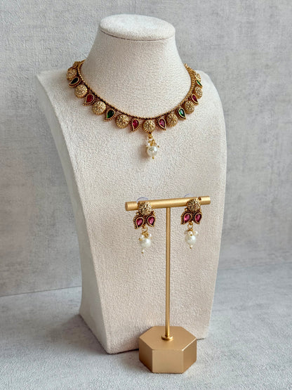 Ayura Designs Mayura Necklace Set with Earrings – Antique Gold Meenakari Motifs with Pearl Drop & Rani Pink and Emerald Green Stones