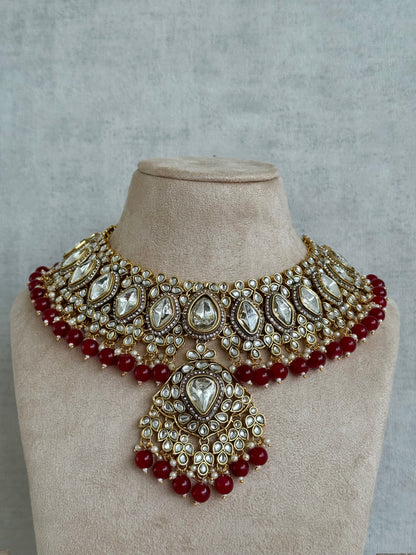 Ayura Designs Gulbahar Bridal Set with Necklace, Jhumkis, Tikka, Nath, Ring & Sheeshphool – Jadau Kundan Craftsmanship with Mirror-Cut Polki, Red Beads & Antique Gold Finish