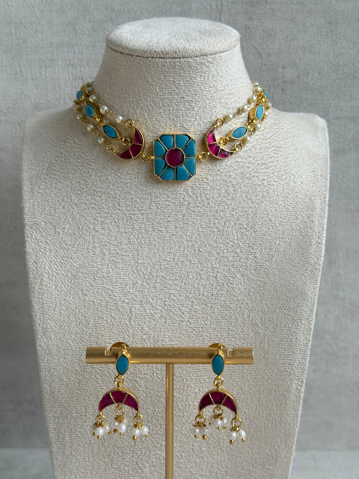 Ayura Designs Mahi Choker Set with Earrings – Meenakari Kundan Turquoise Blue & Hot Pink Detailing
