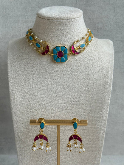 Ayura Designs Mahi Choker Set with Earrings – Meenakari Kundan Turquoise Blue & Hot Pink Detailing