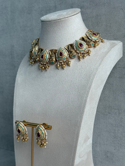 Ayura Designs Aaira Set with Necklace & Studs – Mint Green Meenakari with Rani Pink Centre & Pearl Detailing